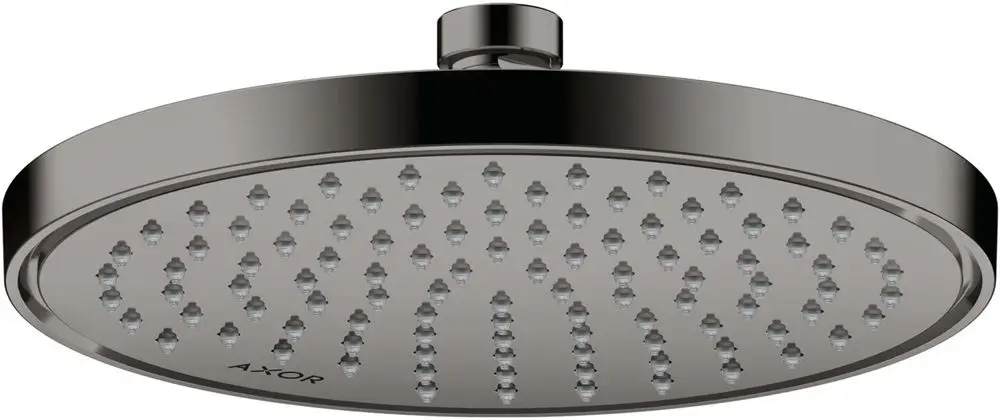 Runde Kopfbrause in glänzender schwarzer Chrom-Optik von AXOR mit gleichmäßig angeordneten Wasserstrahlen für eine effiziente Nutzung.